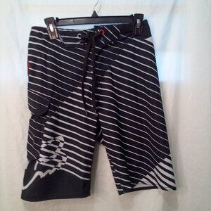 Fox Swim Trunks Men 29 Board Shorts Active Pocket Zip Tie Stripe Black White